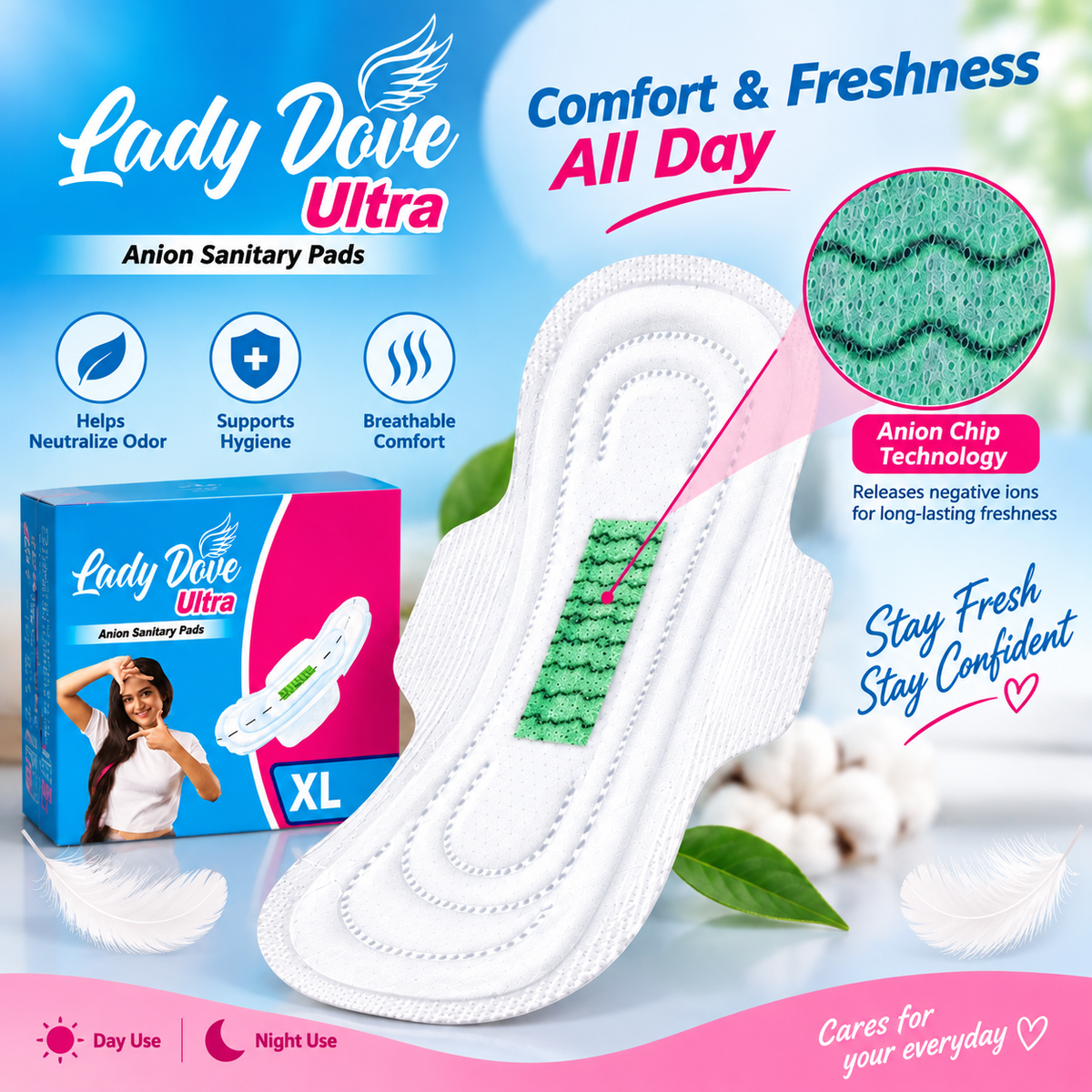 Lady Dove Ultra Anion Sanitary Pads XL – 280 mm | Ultra-Thin Dry Cover | Strong Absorption & Odor Protection | 36 Pads & 60 Pads