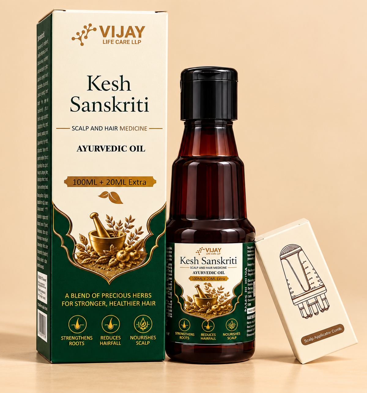 Vijay Life Care Kesh Sanskriti Ayurvedic Hair Regrowth Medicine | Herbal Scalp & Hair Oil 100ml + 20ml Extra with Scalp Applicator Comb
