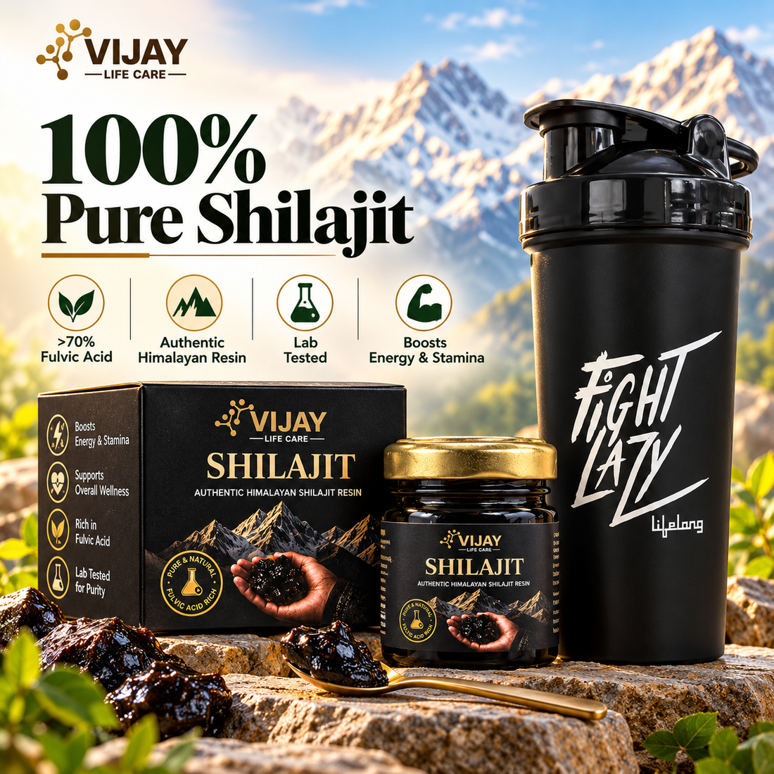 Vijay Life Care Shilajit Resin 20g with FREE High Quality Gym Shaker | Authentic Himalayan Shilajit (Asphaltum) | Fulvic Acid | Lab Tested | Ayurvedic Proprietary Medicine