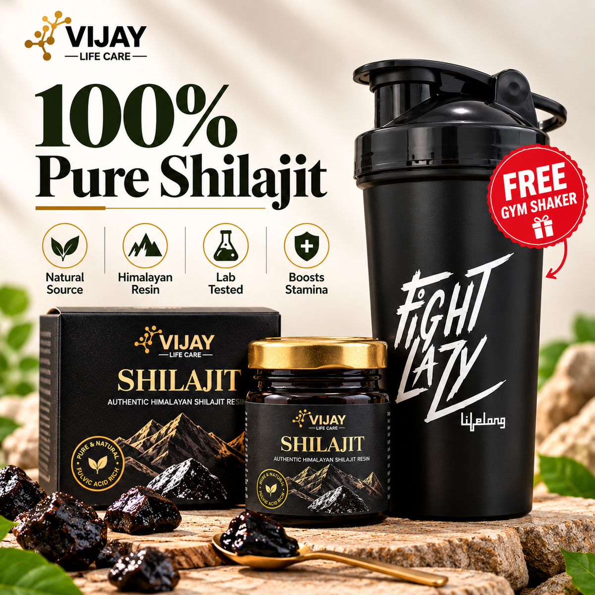 Vijay Life Care Shilajit Resin 20g with FREE High Quality Gym Shaker | Authentic Himalayan Shilajit (Asphaltum) | Fulvic Acid | Lab Tested | Ayurvedic Proprietary Medicine