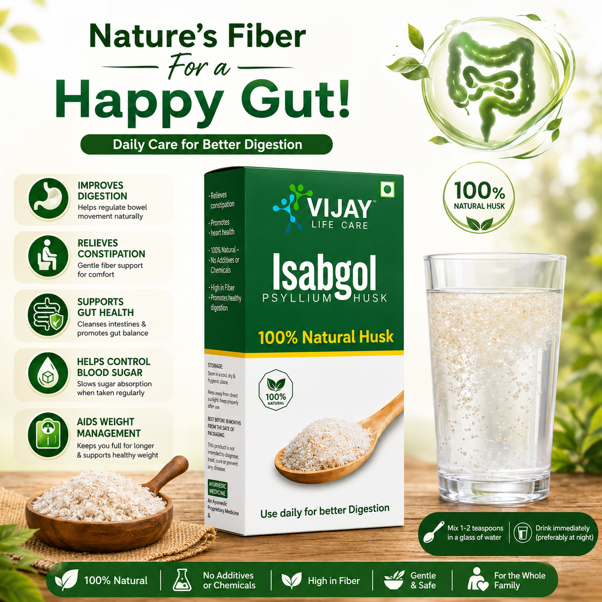 Vijay Life Care Isabgol Psyllium Husk – 100% Natural High Fiber Isabgol for Digestive Health & Constipation Relief