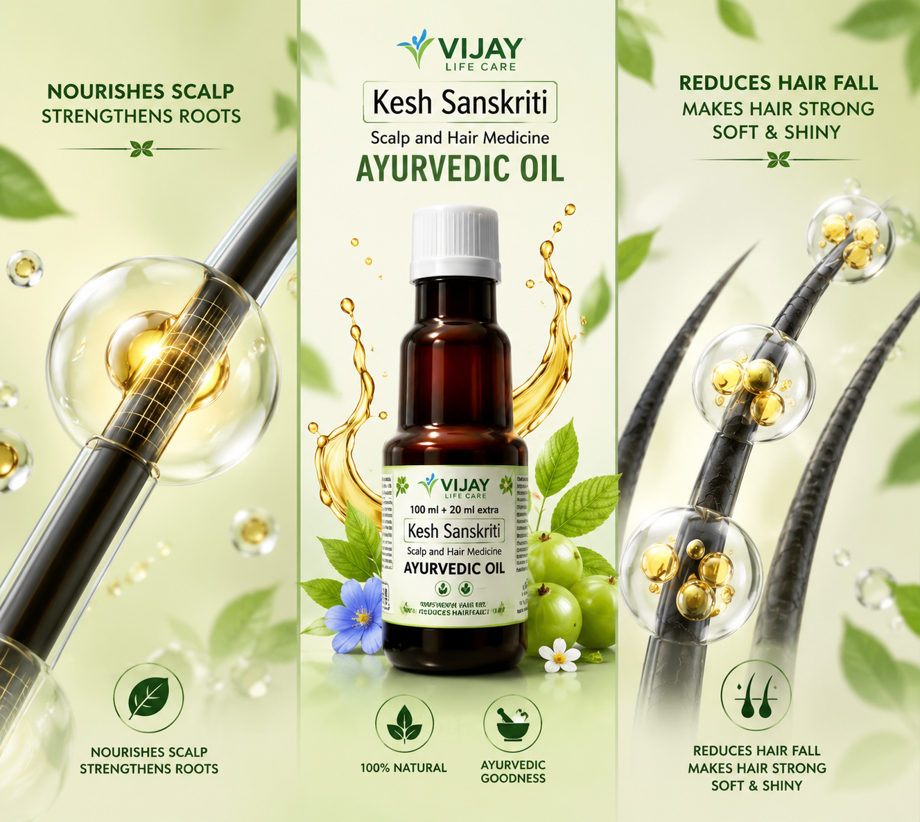 Kesh Sanskriti Ayurvedic Hair Oil for Hair Fall & Growth | 25+ Herbs like Bhringraj, Amla, Neem, Brahmi, Methi | 120ml (100ml + 20ml Extra)
