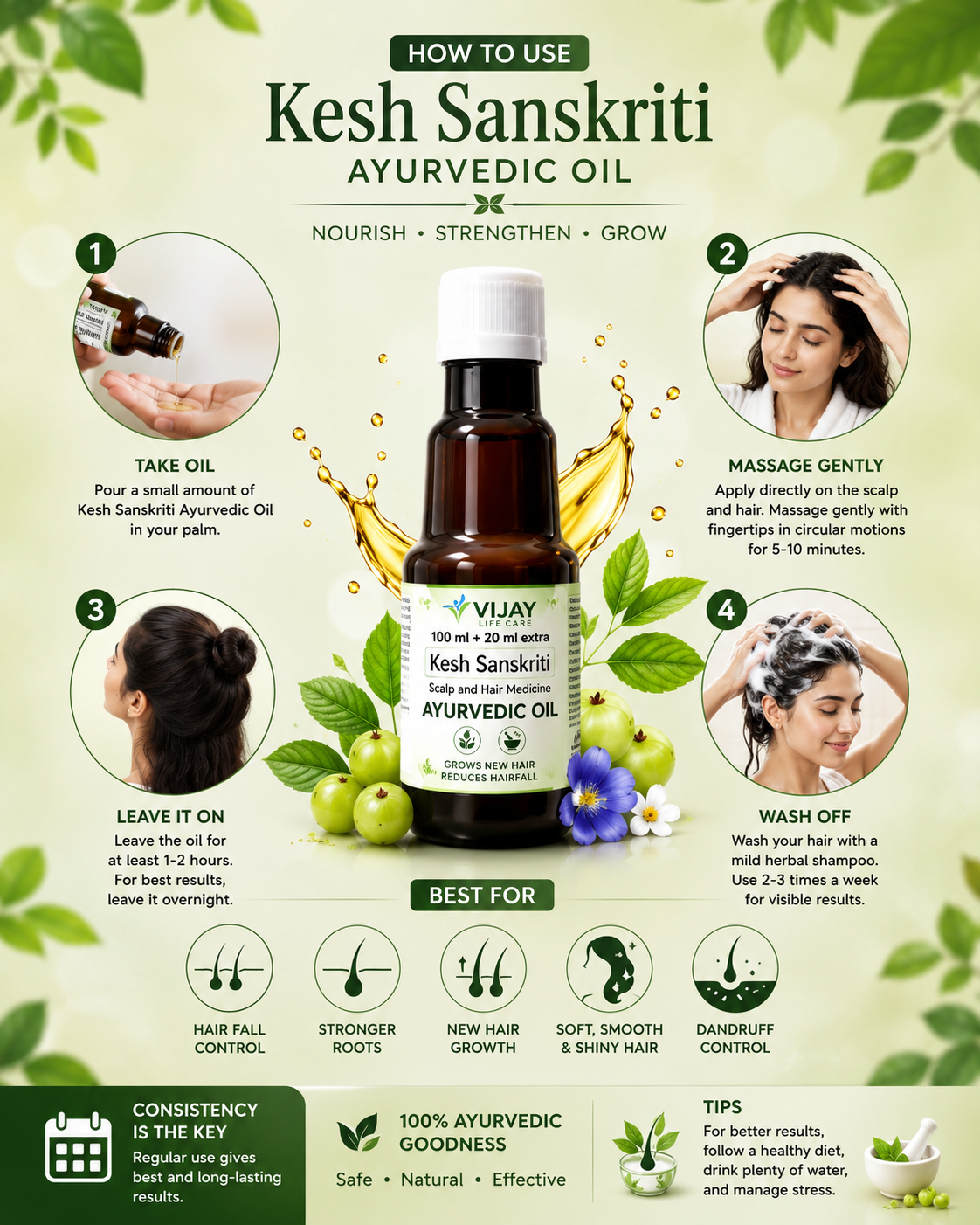 Kesh Sanskriti Ayurvedic Hair Oil for Hair Fall & Growth | 25+ Herbs like Bhringraj, Amla, Neem, Brahmi, Methi | 120ml (100ml + 20ml Extra)